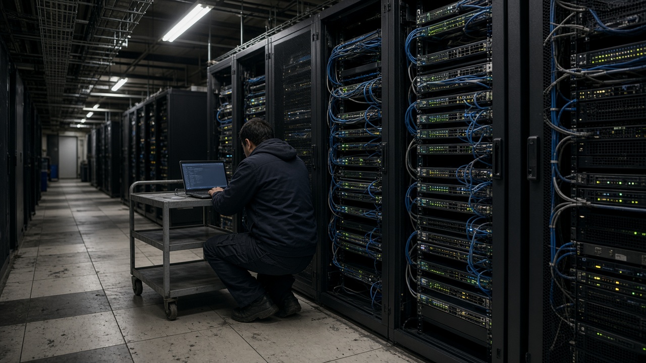 Data center aisle with blinking network switches and a technician at a laptop on a rolling cart under cool fluorescent light, cable trays overhead, scuffed floor tiles, no logos or readable text