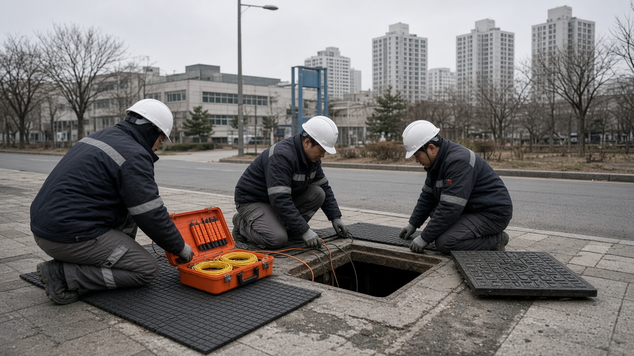 Technicians in hard hats kneeling beside an open sidewalk manhole in a Daejeon research district, orange splice trays and yellow fiber coils on rubber mats, overcast afternoon, apartment blocks in the distance, no logos or readable text