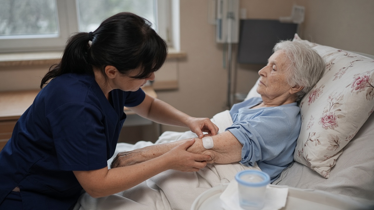 Care worker applying a small adhesive sensor patch on an elderly patient's forearm beside a bedside water cup, soft window light in a nursing home room, no logos or readable text
