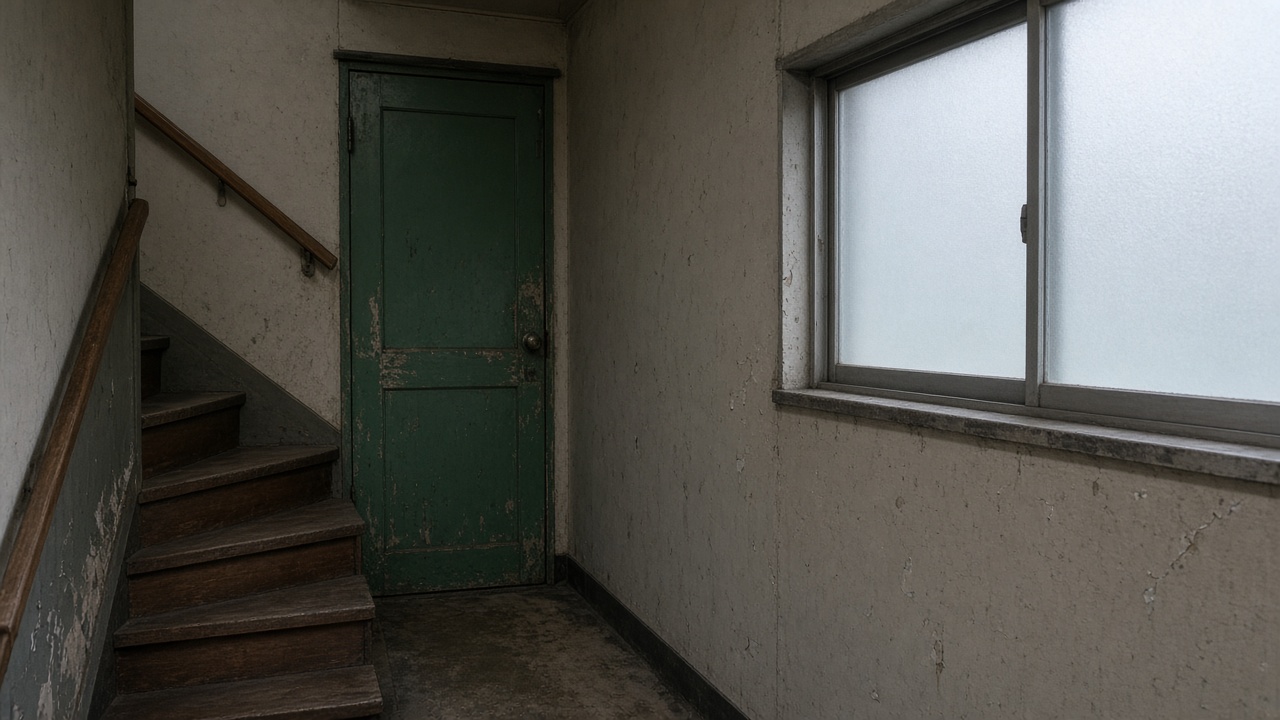 Narrow wooden staircase and green-painted fire exit door in a rural Japanese workers dormitory hallway, evening light through frosted window, scuffed paint, no logos or readable text