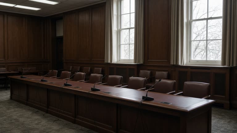 Wood-panelled committee hearing room with microphones on a long table, empty chairs, daylight through tall windows, muted carpet, no readable nameplates or logos