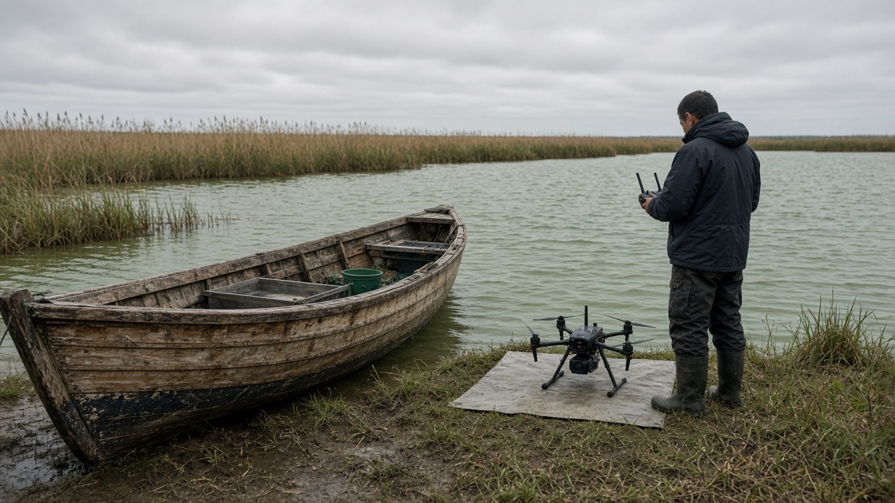 Small drone on a lakeside launch mat beside a wooden fishing boat, greenish water and distant reeds under overcast sky, technician with radio controller, no logos or readable text.