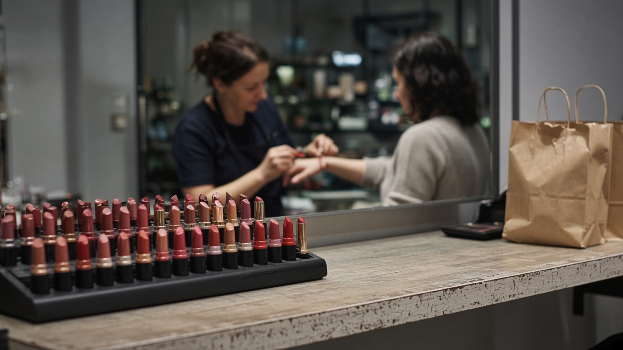 Beauty counter display with rows of lipstick bullets in warm retail lighting, a makeup artist applying color to a volunteer's wrist behind a blurred mirror, scuffed laminate counter and shopping bags, no logos or readable text