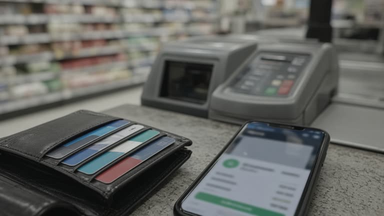 Close view of a wallet with generic plastic store cards and a smartphone showing a blurred loyalty app screen at a supermarket self-checkout, fluorescent lighting, no readable text or logos