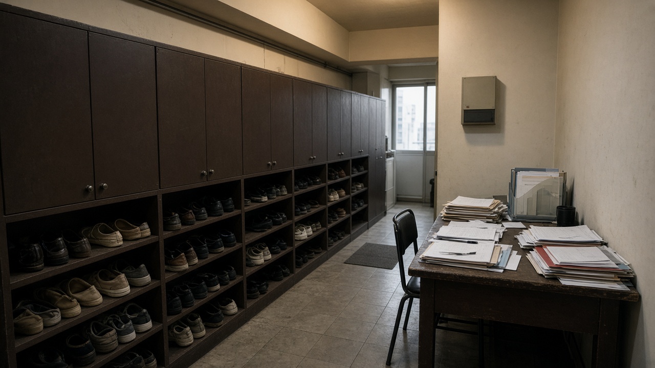 Residential high-rise corridor with stacked shoe cabinets and a realtor desk piled with document folders under warm hallway lighting, no logos or readable text
