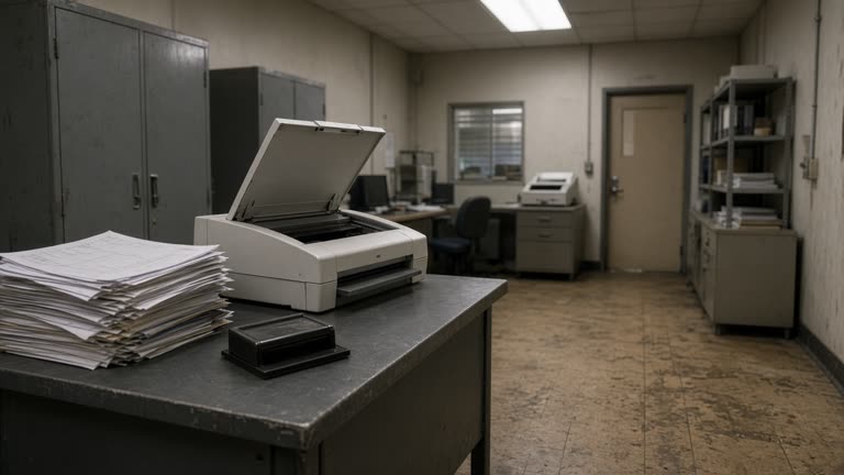 Factory procurement office with stacked supplier invoices beside a document scanner and paper stamp pad, fluorescent ceiling light, worn linoleum floor, no logos or readable text.
