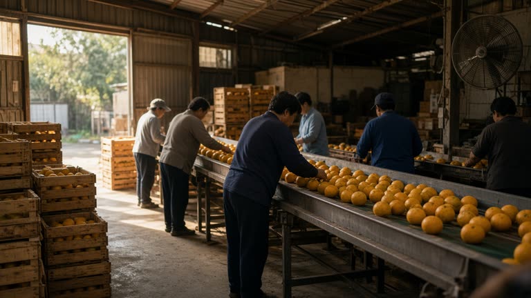 Tainan citrus packing shed with workers sorting oranges on a conveyor under industrial fans, wooden crates stacked to the side, warm afternoon light through open bay doors, no logos or readable text