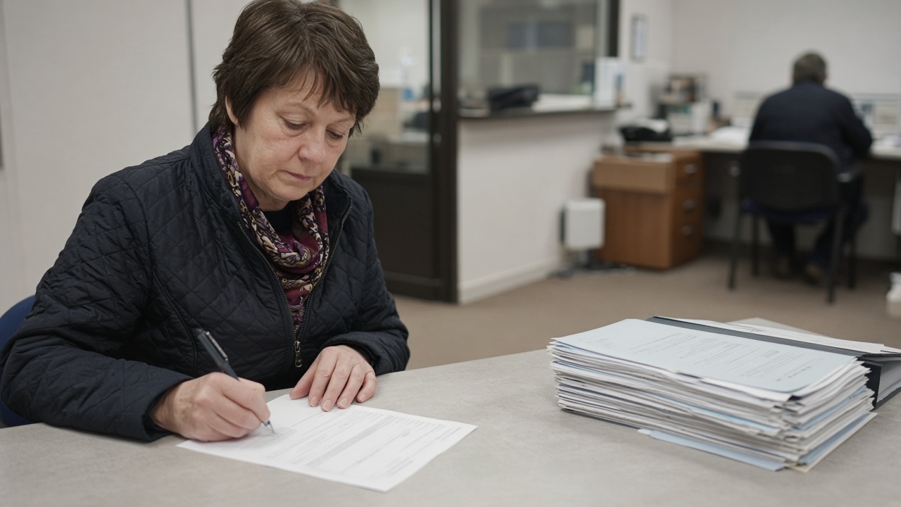 Middle-aged woman at a Leicestershire council customer service desk signing a direct debit mandate while a folder of carer assessment papers sits on the counter, fluorescent office lighting and beige carpet, no logos or readable text