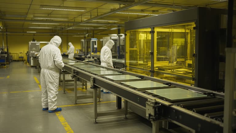 Clean-room conveyor carrying thin OLED panel sheets under yellow safety lighting, technicians in hooded suits at a Paju display campus, scuffed floor markings, no logos or readable text