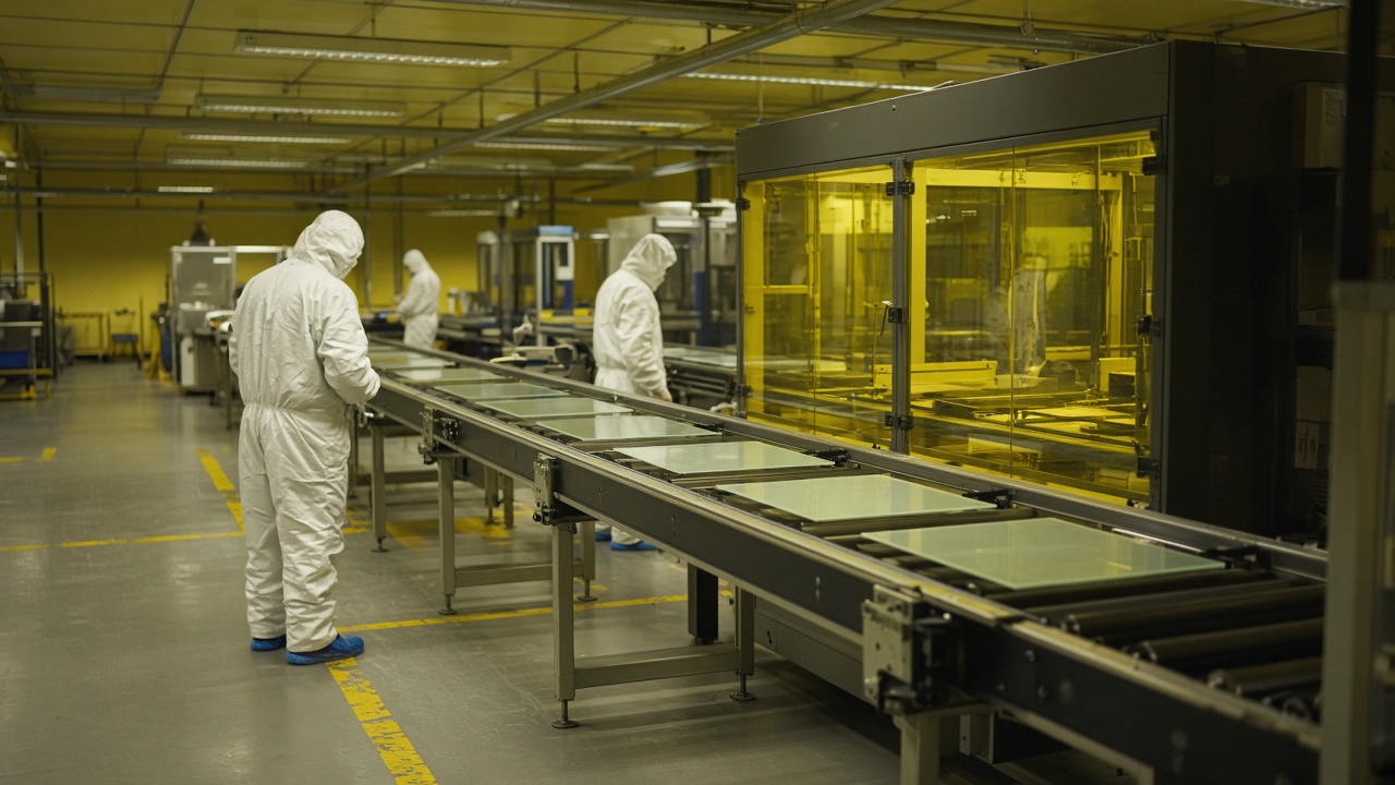 Clean-room conveyor carrying thin OLED panel sheets under yellow safety lighting, technicians in hooded suits at a Paju display campus, scuffed floor markings, no logos or readable text