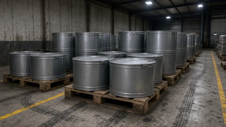 Sealed drums of grey cathode powder on wooden pallets inside a warehouse bay with yellow safety lines and forklift tire marks under cool metal halide lights, no logos or readable text.