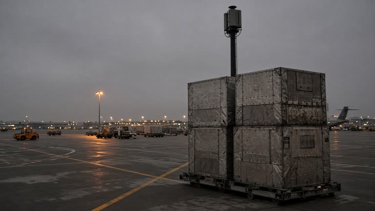 Incheon airport cargo apron at dusk with a narrow mast-mounted 5G small cell above stacked air freight containers, sodium yard lights, distant aircraft tail, worn tarmac markings, no logos or readable text