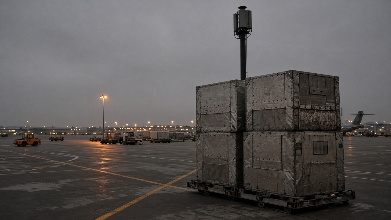 Incheon airport cargo apron at dusk with a narrow mast-mounted 5G small cell above stacked air freight containers, sodium yard lights, distant aircraft tail, worn tarmac markings, no logos or readable text
