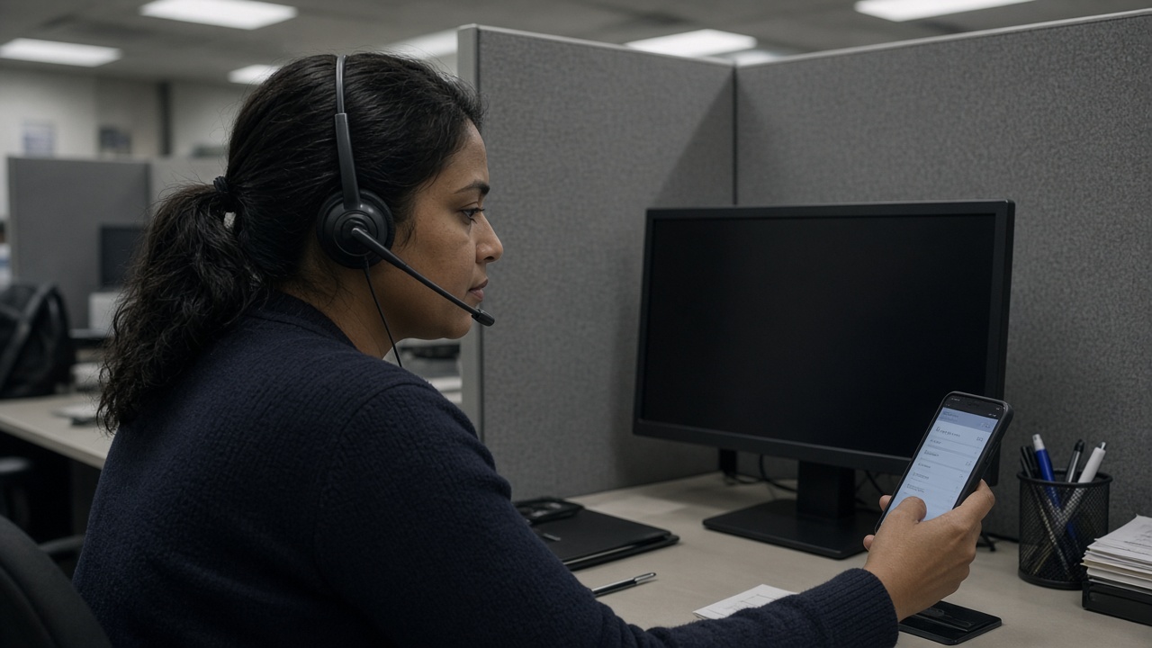 Bank call-centre fraud analyst wearing a headset at a cubicle with muted grey partitions and a smartphone showing a banking app, overhead fluorescent light, no logos or readable text