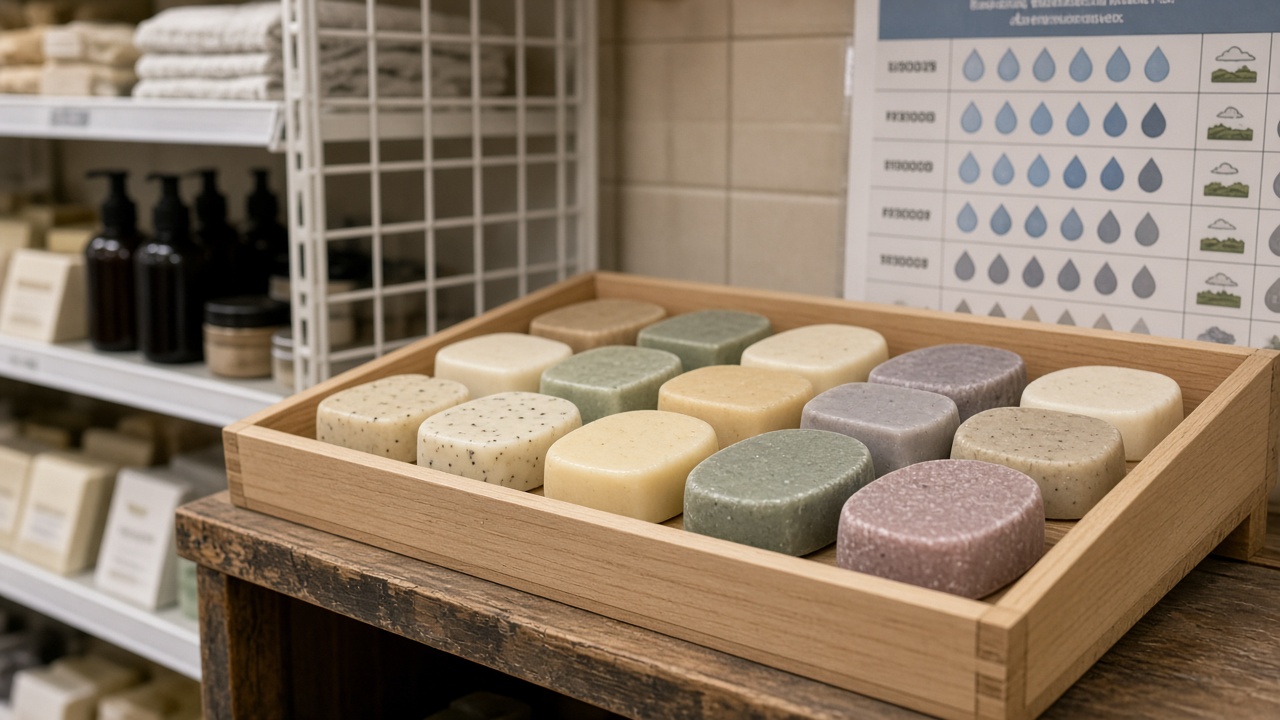 Retail shelf with unpackaged solid shampoo bars on wooden tray beside shower water hardness chart, warm shop lighting, no logos or readable text