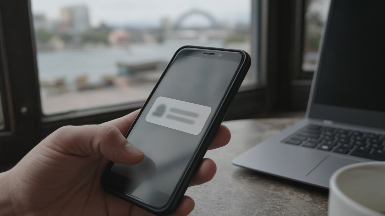 Close view of a smartphone showing a banking authenticator push notification held in one hand at a Sydney cafe table, daylight through window, laptop edge blurred, screen glow without readable text, no logos