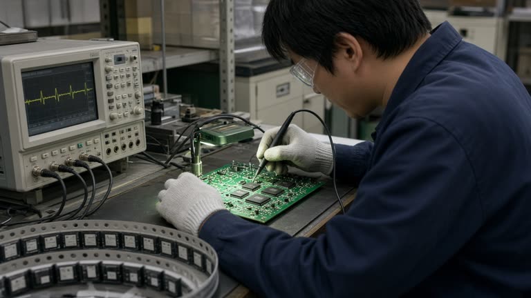 Technician at a Taiwan electronics test bench with NOR flash modules on a tape reel and oscilloscope probes under green PCB inspection light, no logos or readable text