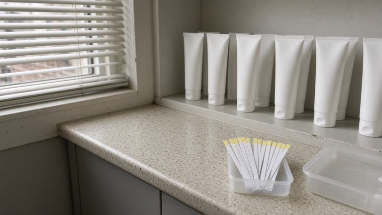 Dermatology clinic shelf with white zinc oxide cream tubes and water hardness test strips on laminate counter, daylight through blinds, no logos or readable text