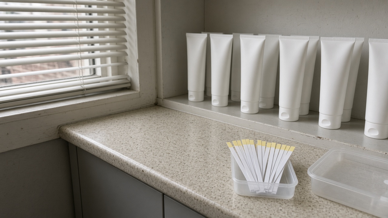 Dermatology clinic shelf with white zinc oxide cream tubes and water hardness test strips on laminate counter, daylight through blinds, no logos or readable text
