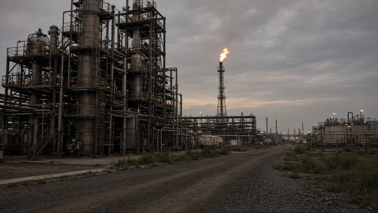 Gulf Coast refinery at dusk with a lit flare stack and metal scaffolding around a distillation unit, humid haze, gravel service road, no logos or readable text