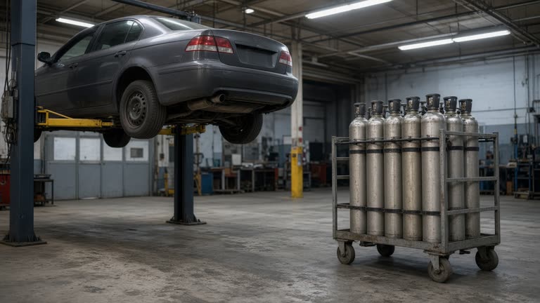 Automotive service bay with a sedan on a lift and a CNG cylinder rack on a trolley under tube fluorescent lights at an industrial plant, no logos or readable text
