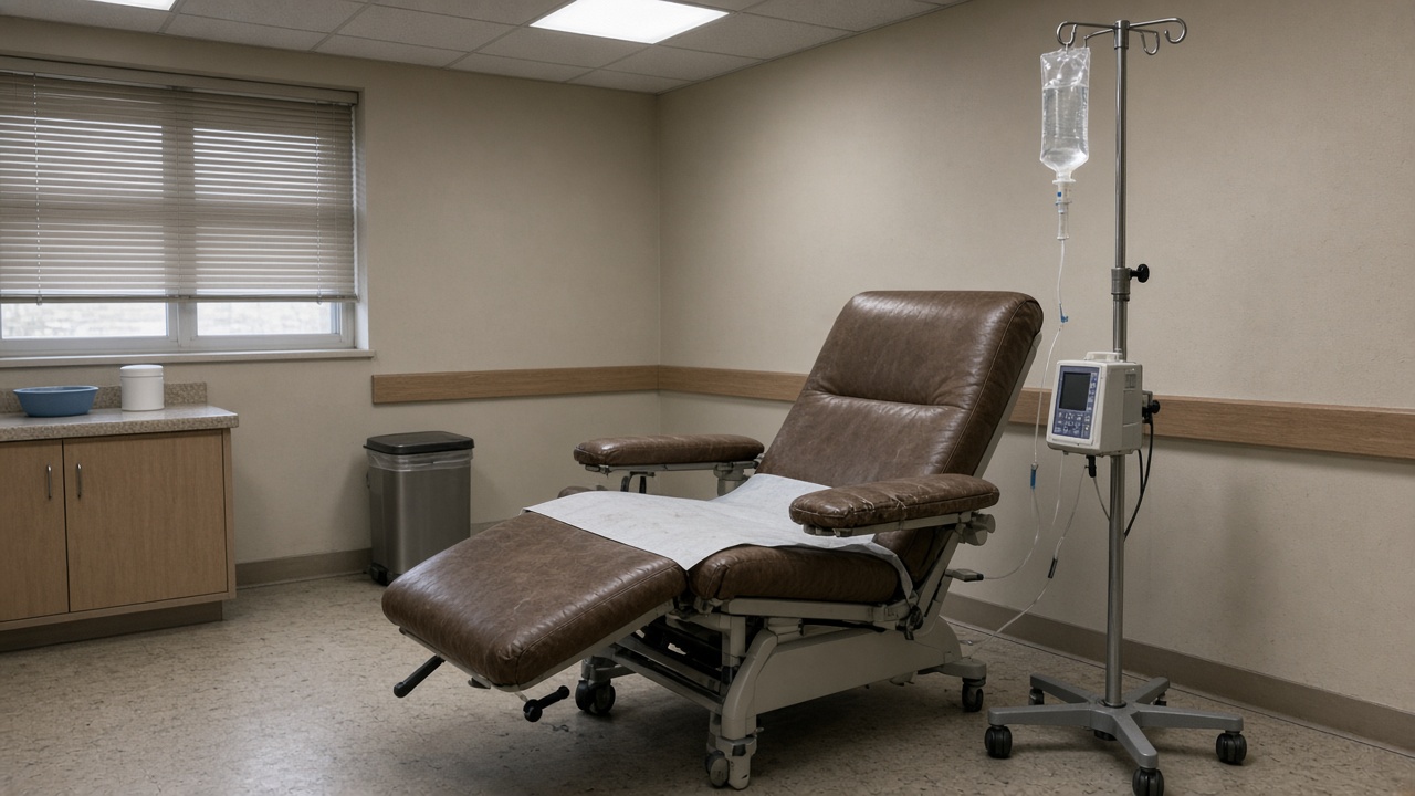 Hospital infusion bay with reclining chair, IV pole and fluid bag without readable labels, beige clinical walls, fluorescent ceiling panels, muted afternoon light through blinds, worn armrest vinyl, no logos or readable text