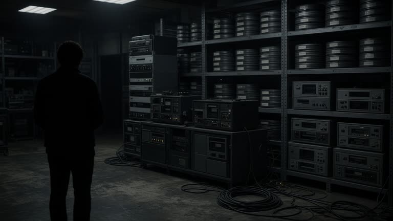 Broadcast archive room with rack-mounted tape decks, labeled film canisters on metal shelves, dim safety lighting, coiled cables on floor, technician silhouette from behind, no logos or readable text