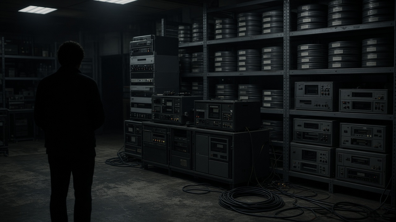 Broadcast archive room with rack-mounted tape decks, labeled film canisters on metal shelves, dim safety lighting, coiled cables on floor, technician silhouette from behind, no logos or readable text
