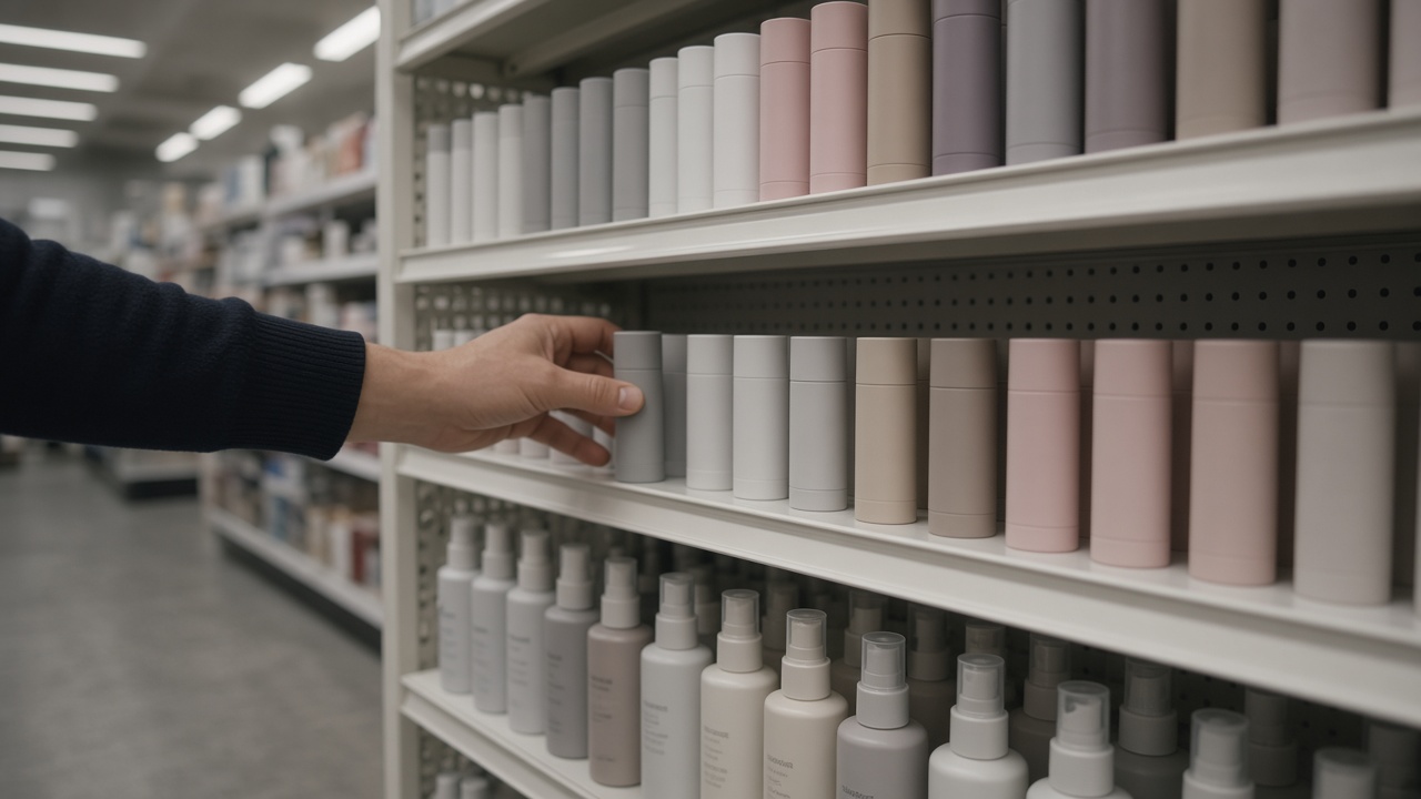Beauty store shelf with rows of sunscreen sticks and pump bottles under bright retail lighting, shopper hand reaching for a slim stick, neutral packaging without readable labels.