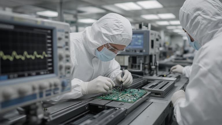 Technicians inspecting smartphone circuit boards on an assembly line with chip placement tools and oscilloscope monitors showing blurred waveforms, clean-room fluorescent panels, no logos or readable text