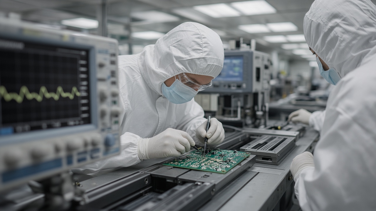 Technicians inspecting smartphone circuit boards on an assembly line with chip placement tools and oscilloscope monitors showing blurred waveforms, clean-room fluorescent panels, no logos or readable text
