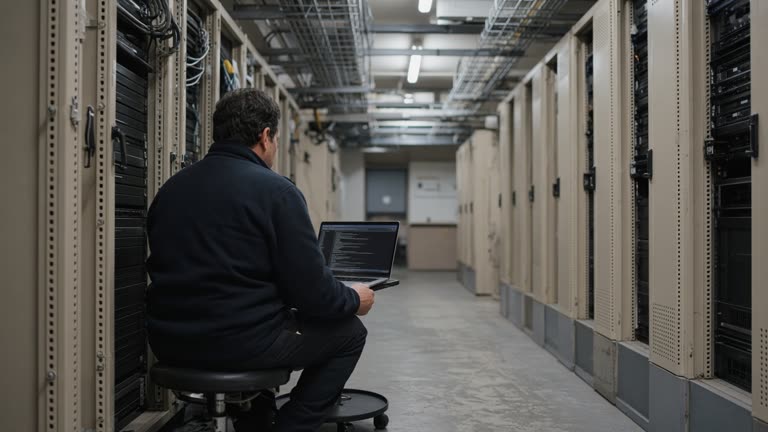 Narrow aisle between beige server racks in a government data center, engineer on a rolling stool with a laptop showing a blurred terminal, cool fluorescent overhead light and cable trays, no logos or readable text