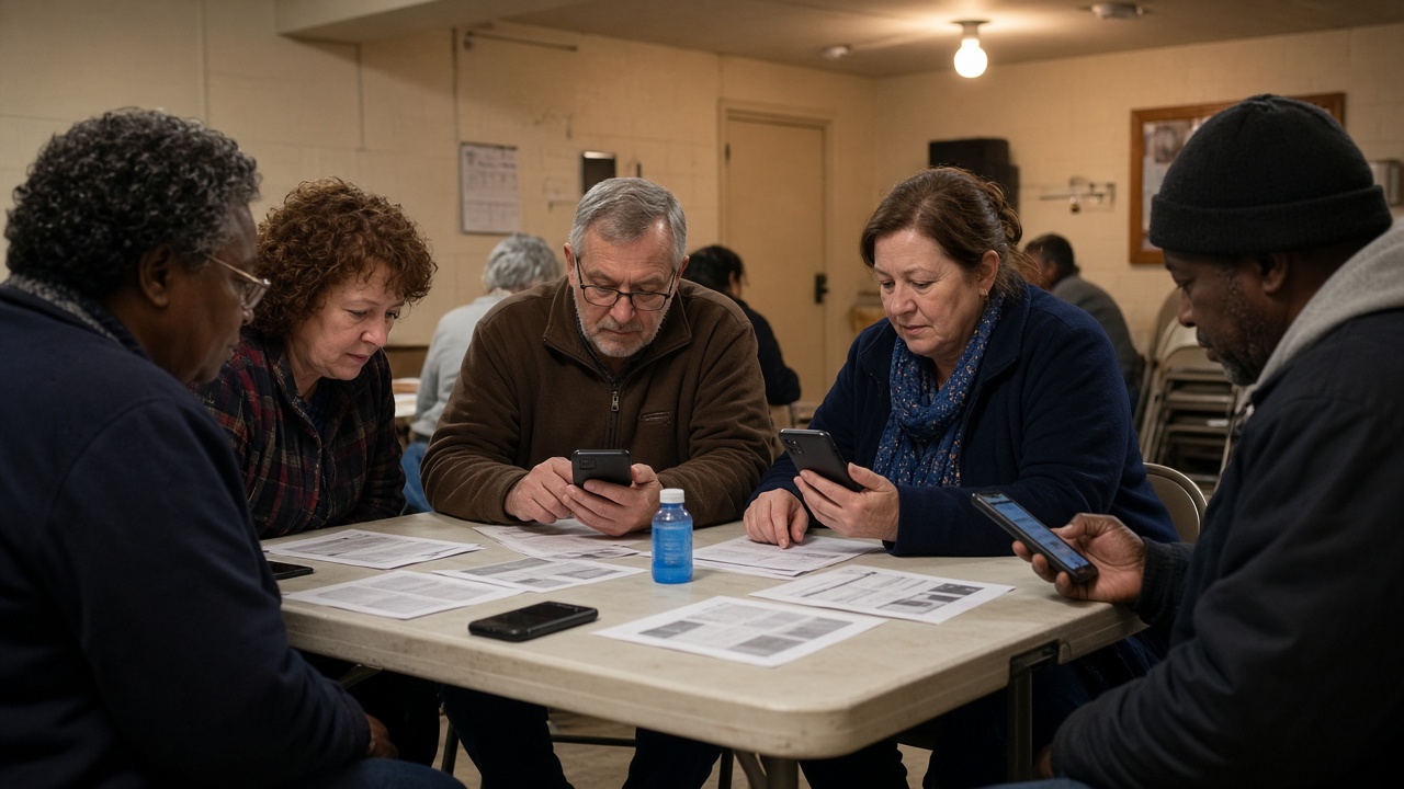 Community organizers around a folding table with smartphones and paper town-hall flyers in a church basement under warm incandescent bulbs, no logos or readable text