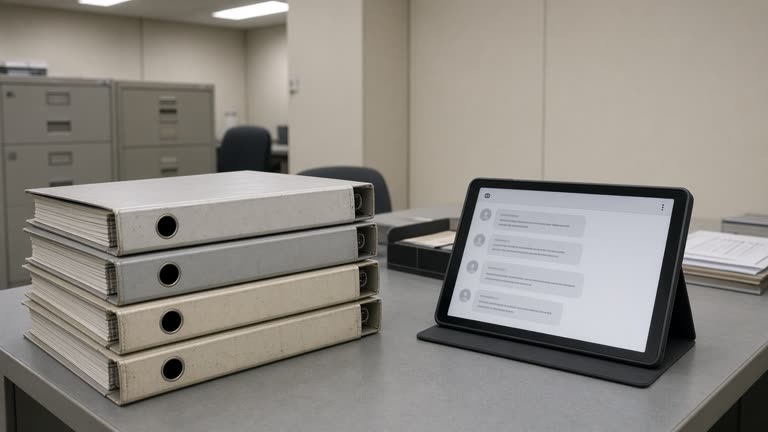 Stack of Japanese municipal procurement binders and a tablet showing a generic chat interface on a civil-service desk, overhead fluorescent light, beige office walls, no readable text or logos