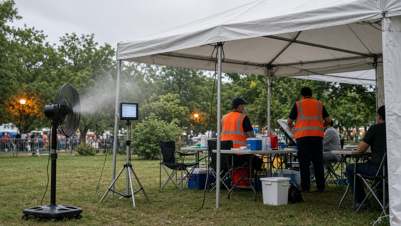 Outdoor festival medical tent with portable mist fans and a heat-index monitor on a tripod, volunteers in vests, overcast humidity, no logos or readable text.
