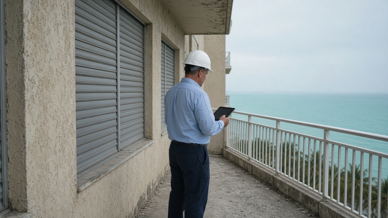 A building inspector on a Miami high-rise balcony photographing hurricane shutters with a tablet, turquoise ocean haze beyond the railing, sun-bleached stucco, no logos or readable text