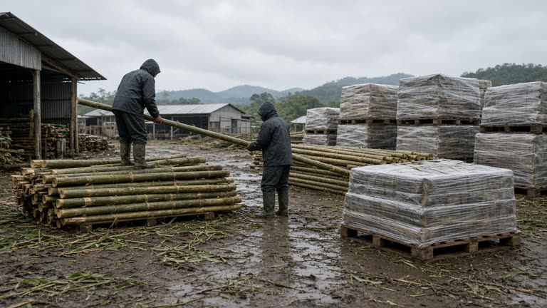 Workers stacking cut bamboo poles in a Miaoli county yard with export pallets and shrink wrap under humid overcast sky, muddy ground and bamboo leaves scattered, no logos or readable text