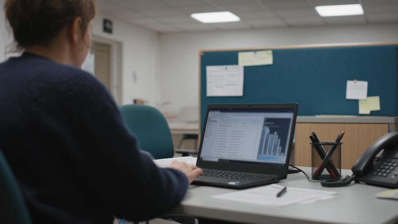 NHS hospital administrative office with a laptop showing a blurred productivity sidebar, teal fabric chairs and noticeboard in background, flat fluorescent ceiling panels, no logos or readable text