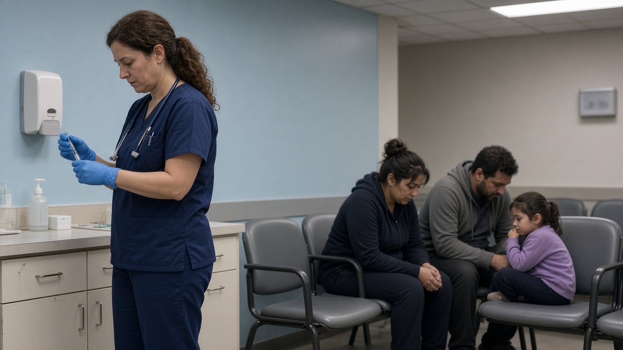 Pediatric nurse preparing a small syringe at a hospital clinic injection station with parents seated on plastic waiting chairs under fluorescent lights, pastel wall paint and hand sanitizer dispensers, no logos or readable text