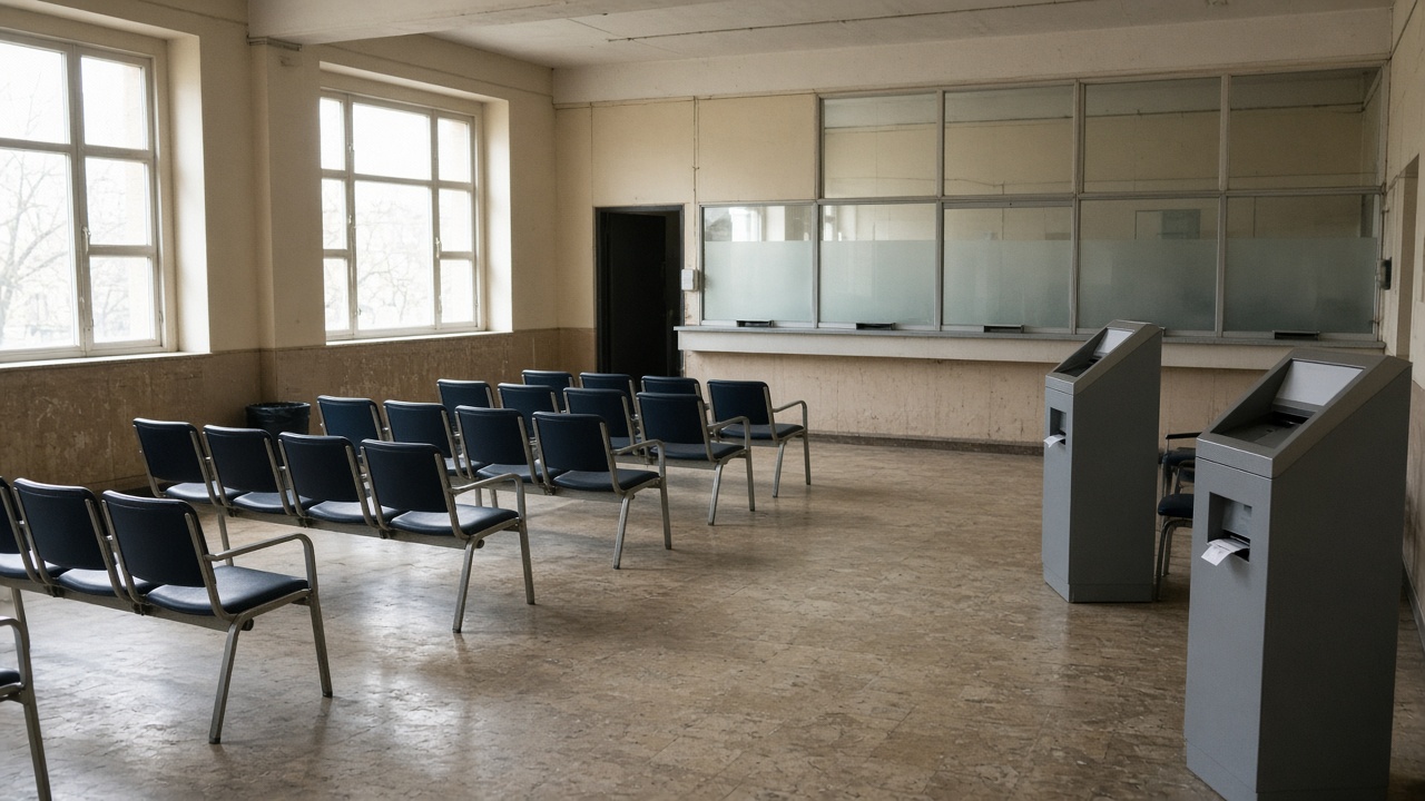 Public housing authority service hall with numbered ticket dispensers and waiting chairs facing a frosted glass counter, afternoon light through tall windows, worn linoleum floor, no logos or readable text