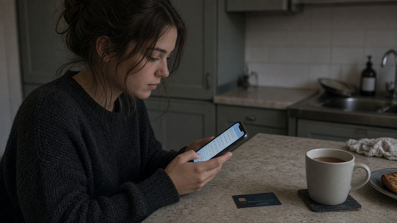 A young adult at a UK kitchen counter checking a budgeting app on a smartphone beside a debit card and mug of tea, soft evening light, screen glow without readable text, no logos