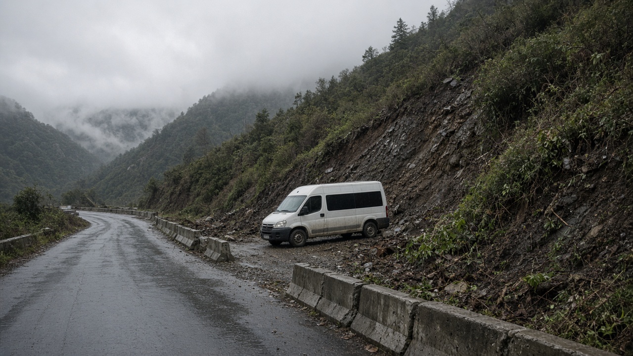 Rain-soaked mountain road with concrete debris barriers and disturbed hillside vegetation under low cloud, white survey vehicle parked on gravel pullout, no logos or readable text