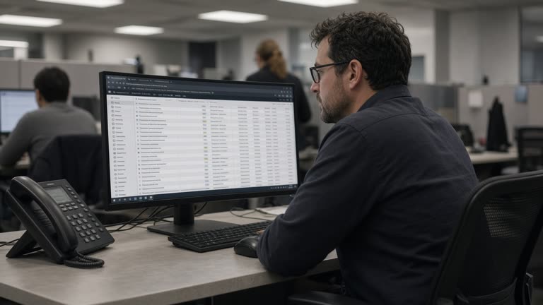 Bank fraud analyst at a curved monitor reviewing mobile session logs beside a desk phone, fluorescent office light, blurred coworkers from behind, no logos or readable text.
