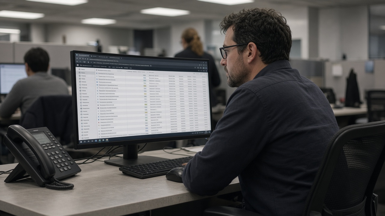Bank fraud analyst at a curved monitor reviewing mobile session logs beside a desk phone, fluorescent office light, blurred coworkers from behind, no logos or readable text.