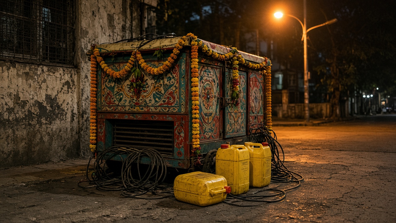 Painted festival generator on Mumbai street corner with yellow diesel cans and coiled cables, sodium streetlight and worn pavement, garland decorations without readable mandal banners or logos