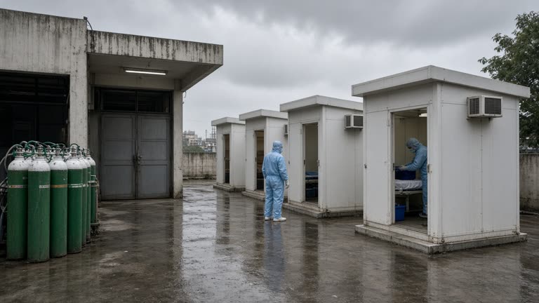 Prefabricated medical isolation cubicles on a hospital loading bay in Mumbai, grey monsoon sky, wet concrete and stacked oxygen cylinders, workers in scrubs, no logos or readable text