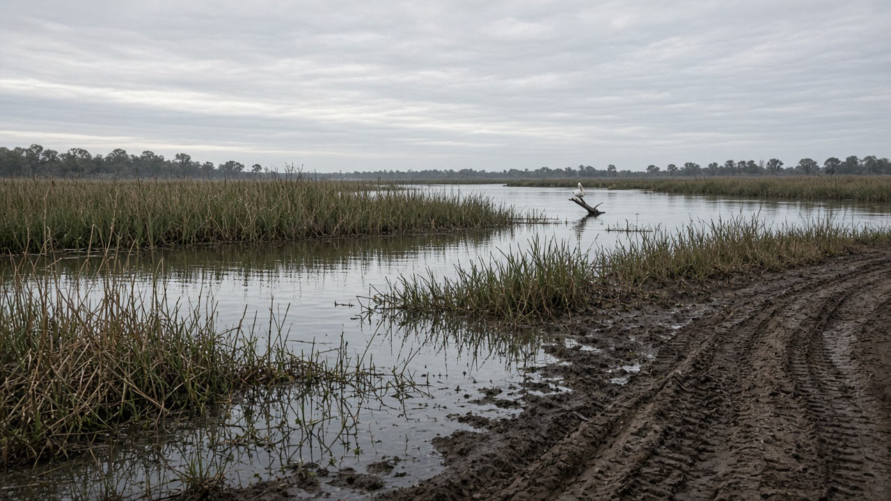 A Murray River wetland at dawn with shallow water reflecting reeds, a distant pelican on a snag, overcast sky, muddy bank with tire marks from a ranger vehicle, no logos or readable text