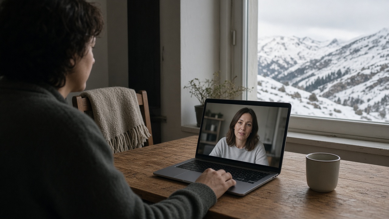 Person on a laptop video call at a wooden table near a window with snowy mountains outside, soft morning light, wool blanket on chair, no logos or readable text.