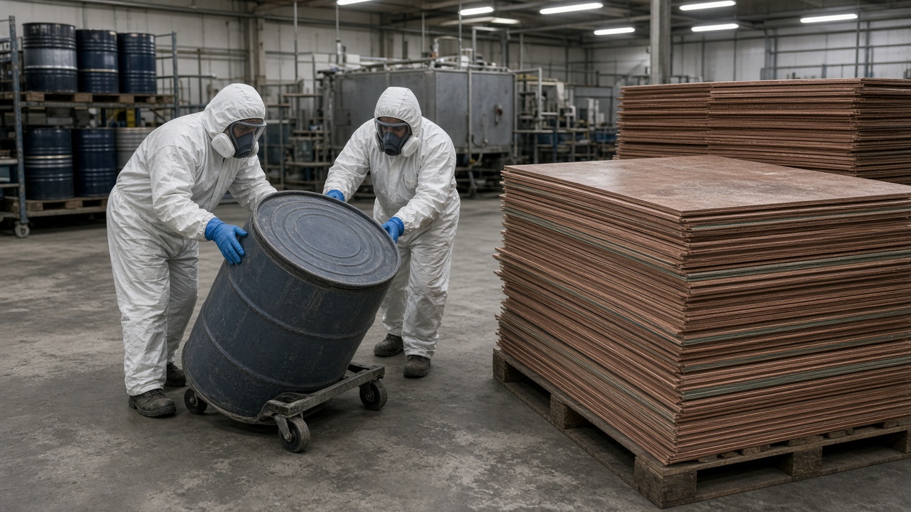 Workers in protective gear rolling epoxy resin drums beside stacks of copper-clad laminate sheets in an industrial chemical warehouse with fluorescent lighting and concrete floors, no logos or readable text
