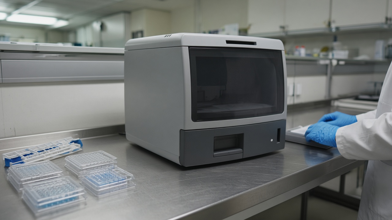 Compact DNA sequencing instrument on a bench in a NHS hospital lab with labelled sample trays and blue gloves, clinical fluorescent lighting, no logos or readable text.